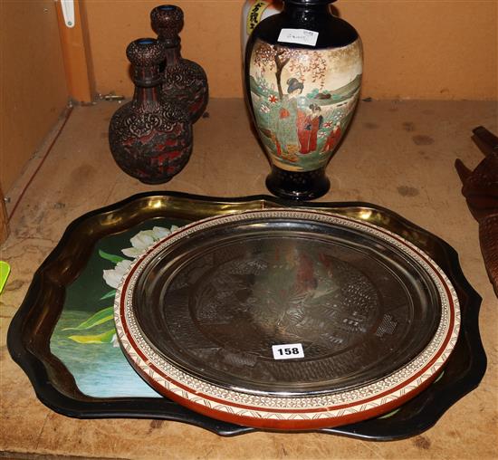 3 trays, satsuma vase, pr. lacquer vases & 1 other